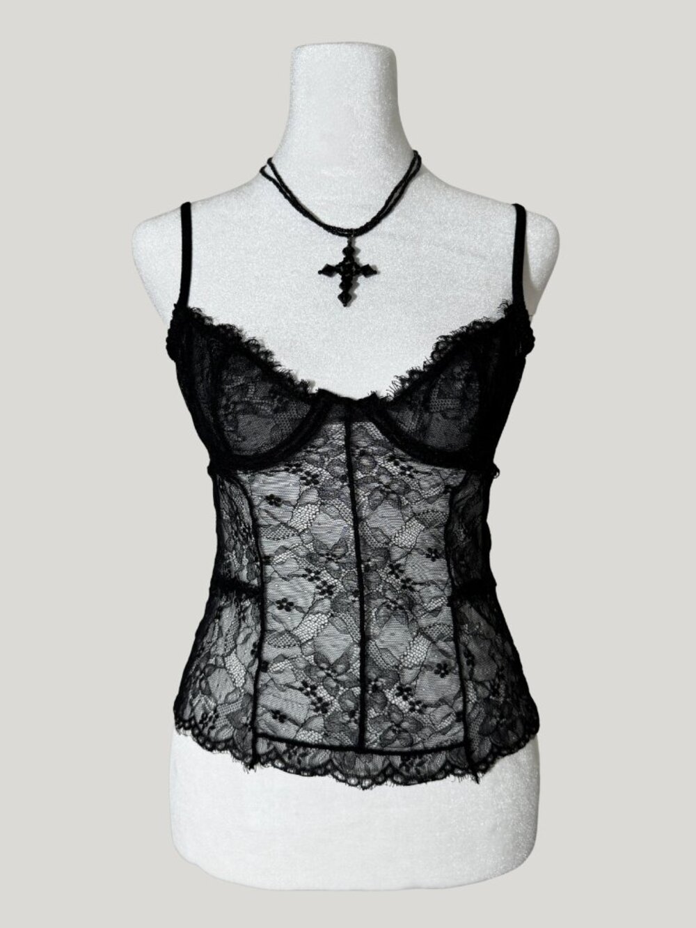Black Lace Corset Cami Women's Size Small | Y2K Dark Coquette Sheer Lace Bustier